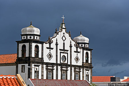 Igreja Matriz Azores, Portugal, PRT, Santa Cruz das Flores, church, dark clouds, facade