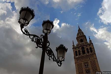 Andalusia, cathedral, clouds, dark clouds, lamp, Seville, Spain, Spanien, Espana, Andalucia, Andalusien, Sevilla