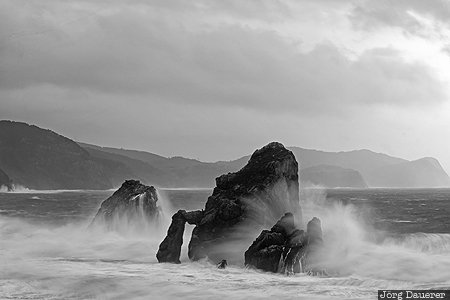 Gaztelugatxe Arch ESP, Gibelortzaga (San Pelaio), Pais Vasco, San Pelaio, Spain, arch, black and white