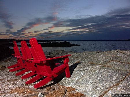 red chairs, flash, Indian Point, Mount Desert Island, United States, Maine, New England