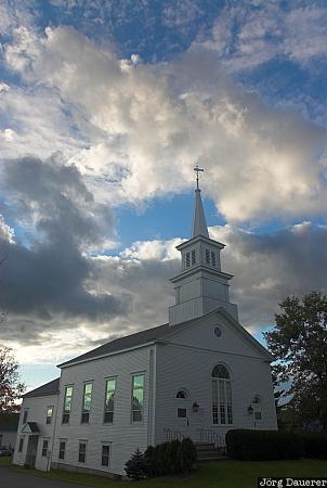 USA, Vermont, Craftsbury Common, church, clouds, sky, blue sky, United States, Vereinigte Staten, VT
