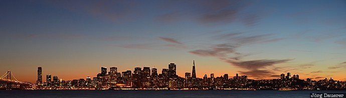 California, San Francisco, evening light, flood lit, illuminated, San Francisco Bay, skyline, United States, Treasure Island, USA, Vereinigte Staten, Kalifornien, CA