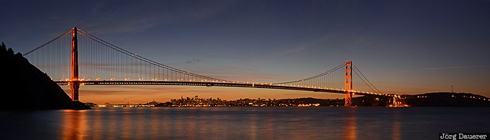 blue hour, bridge, California, flood lit, Golden Gate, Golden Gate Bridge, illumination, United States, San Francisco, USA, Vereinigte Staten, Kalifornien, CA