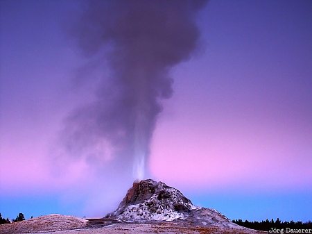 White Dome Geyser, eruption, Firehole Lake Drive, Yellowstone National Park, Wyoming, night, dawn, United States, USA, Vereinigte Staten, WY
