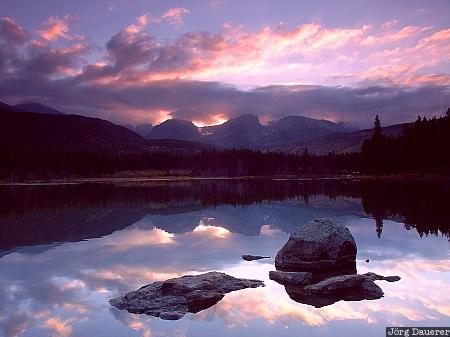 Sprague Lake, Rocky Mountains National Park, Colorado, United States, evening, reflexion, clouds