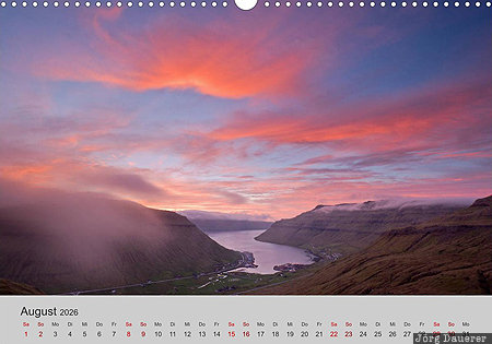 Kollafjordur, Streymoy, Faroe Islands, F&auml;r&ouml;er Inseln, Denmark, calendar, August, F&auml;r&ouml;er-Inseln, Faeroeer-Inseln