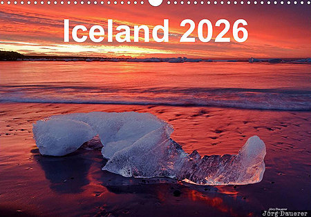 Ice, J&ouml;kuls&aacute;rl&oacute;n glacial lake, Austurland, sunrise, Iceland, English, calendar