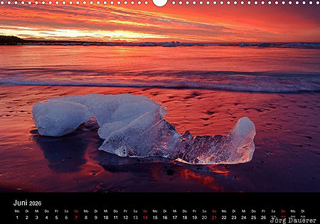 Ice, J&ouml;kuls&aacute;rl&oacute;n glacial lake, sunrise, Austurland, Iceland, calendar, June