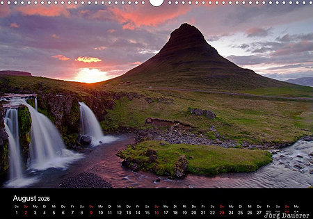 Kirkjufellsfoss, Sn&aelig;fellsnes Peninsula, Vesturland, Iceland, calendar, August, Snaefellsnes Peninsula