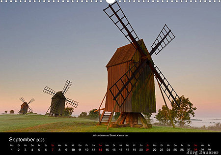 Windmills on Öland, Kalmar län, South Sweden, calendar, September, Sweden, Windmills on Oeland