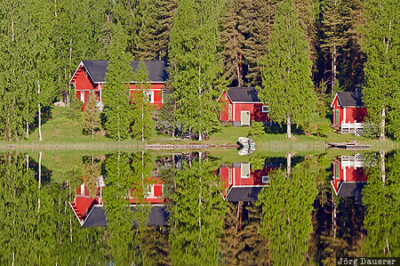 Red huts FIN, Finland, green, huts, morning light, Pihlasvirta, Rauhaniemi, Southern Savonia