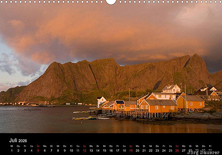 Sakrisoy, Moskenesoy, Lofoten, Nordland, Norway, calendar, July, Norwegen, Norge